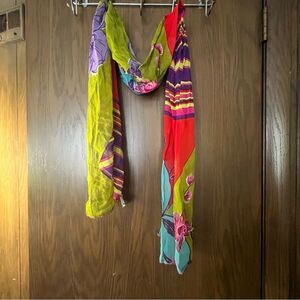 Vintage Rene' Derhy Turquoise Blue Green Mod Tropical Flower Floral Print Scarf